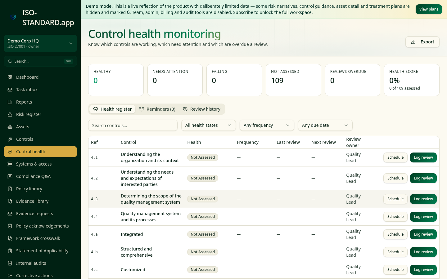 Health states, review cadence and overdue reminders in one register.