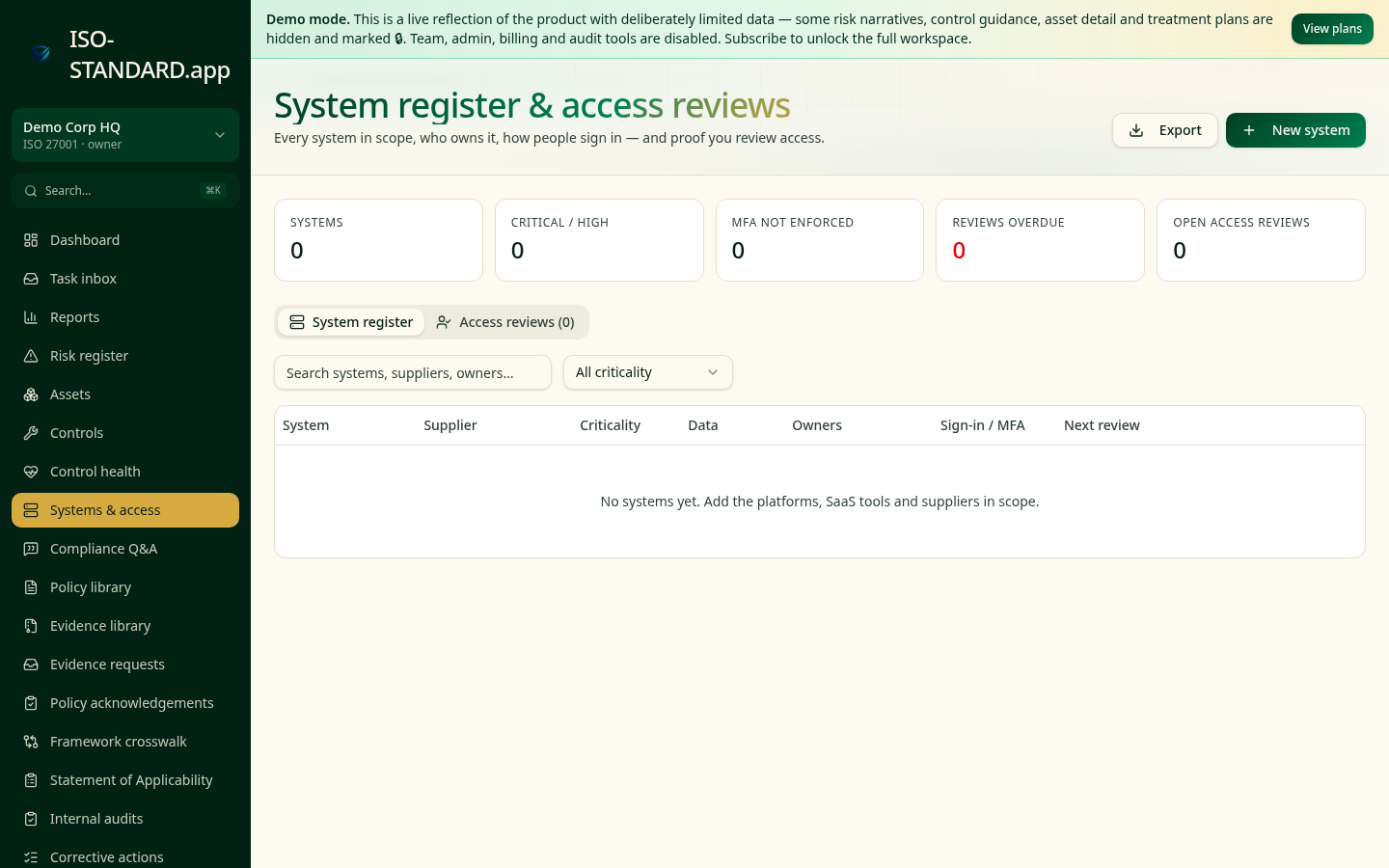 The system register with criticality, ownership and MFA posture.